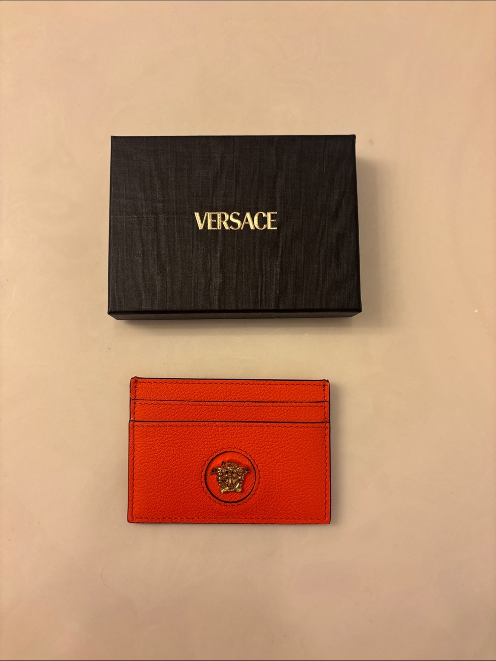 Versace Orange Card Holder with Gold Medusa Detail